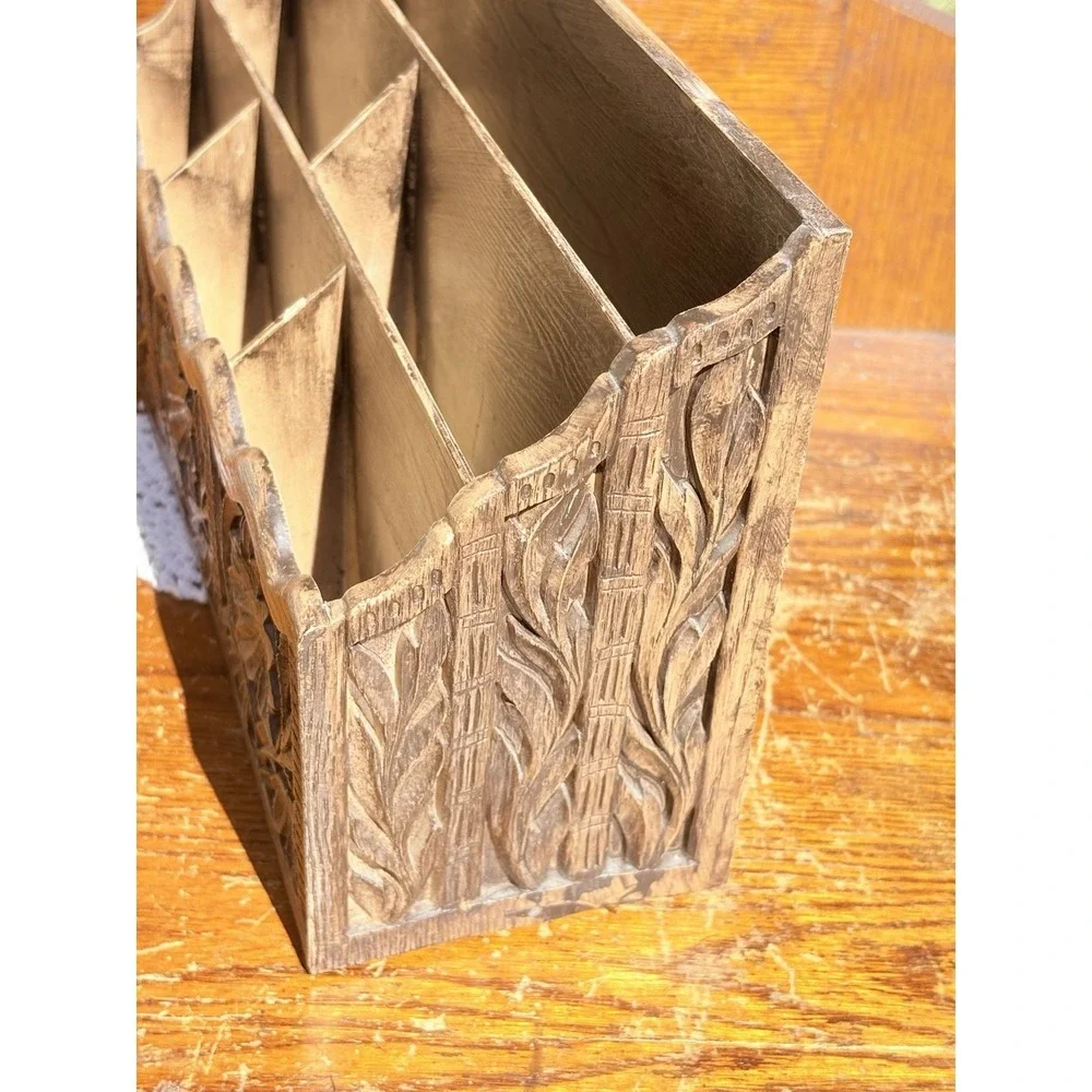 Vintage Lerner Desk Organizer Sorter Caddy Faux Carved Wood Mail Bills Utensils